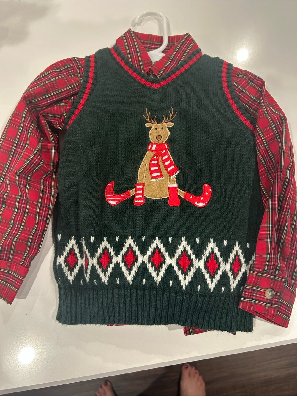 Boys 3-Piece Holiday Reindeer Knit Vest & Plaid Shirt w/Pants Set - Green/Red